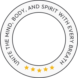 Circular emblem with the text "Unite the mind, body, and spirit with every breath" and five gold stars at the bottom